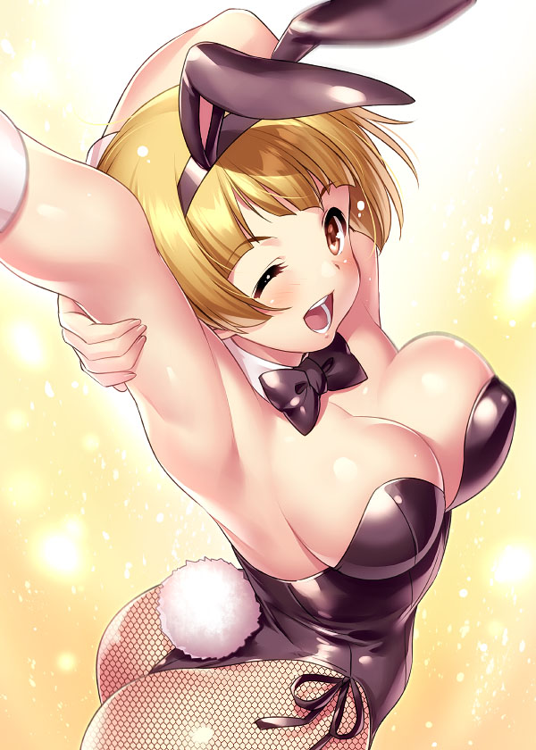 1girl animal_ears arm_behind_head arm_up armpits ass bangs bare_shoulders black_leotard black_neckwear blonde_hair blush bow bowtie breasts brown_eyes bunny_ears bunny_tail bunnysuit cleavage detached_collar fishnet_legwear fishnets fukuda_noriko idolmaster idolmaster_million_live! large_breasts leotard looking_at_viewer one_eye_closed open_mouth short_hair smile solo strapless strapless_leotard stretch tail wrist_cuffs zen