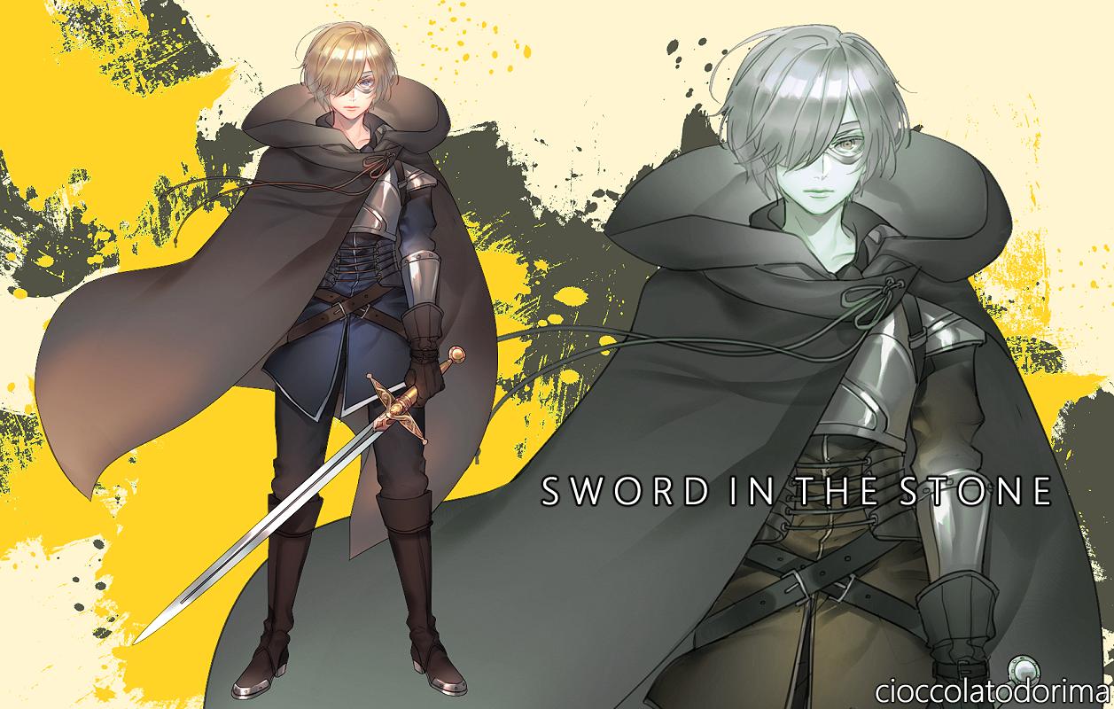 1boy belt boots brown_footwear brown_gloves brown_pants caliburn cloak gloves hair_over_one_eye holding holding_sword holding_weapon knee_boots male_focus original pants personification rosel-d solo sword touken_ranbu weapon yellow_background zoom_layer