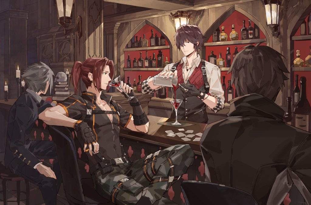 4boys ambiguous_red_liquid bar bartender belt black_gloves book book_stack bottle bracelet brown_hair camouflage candelabra candle chair checkered closed_mouth code_vein cup drinking drinking_glass fingerless_gloves fire formal glass gloves grey_hair hair_over_one_eye holding holding_cup indoors jewelry lantern loladestiny looking_at_another louis_(code_vein) male_focus medium_hair multiple_boys necklace parted_lips ponytail pouch pouring protagonist_(code_vein) red_eyes red_hair sitting skull sleeves_rolled_up smile standing suit table wine_glass yakumo_(code_vein) zipper zipper_pull_tab