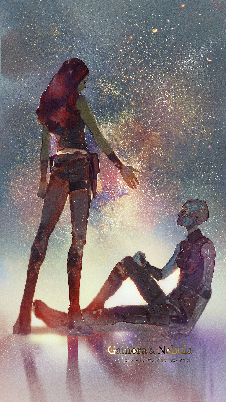2girls bald blue_skin boots galaxy gamora green_skin guardians_of_the_galaxy highres knee_boots long_hair looking_at_another marvel mlcamaro multicolored_hair multiple_girls nebula_(gotg) outstretched_hand pants siblings sisters sitting sleeveless space standing star