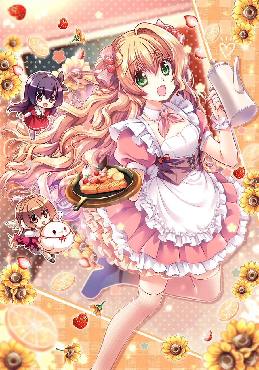 3girls alternate_costume apron bangs bird black_hair blonde_hair bow bowtie braid breasts brown_eyes chibi commentary_request crown_braid detached_collar dress enmaided eyebrows_visible_through_hair flower food frilled_dress frills fruit green_eyes hair_between_eyes hair_ornament hair_ribbon heart highres holding holding_plate holding_teapot ice layered_dress leg_up light_brown_hair long_hair looking_at_viewer maid multiple_girls orange original plate red_dress red_eyes ribbon sakurano_tsuyu short_sleeves sidelocks small_breasts strawberry striped striped_legwear stuffed_animal stuffed_toy sunflower thighhighs waist_apron wavy_hair