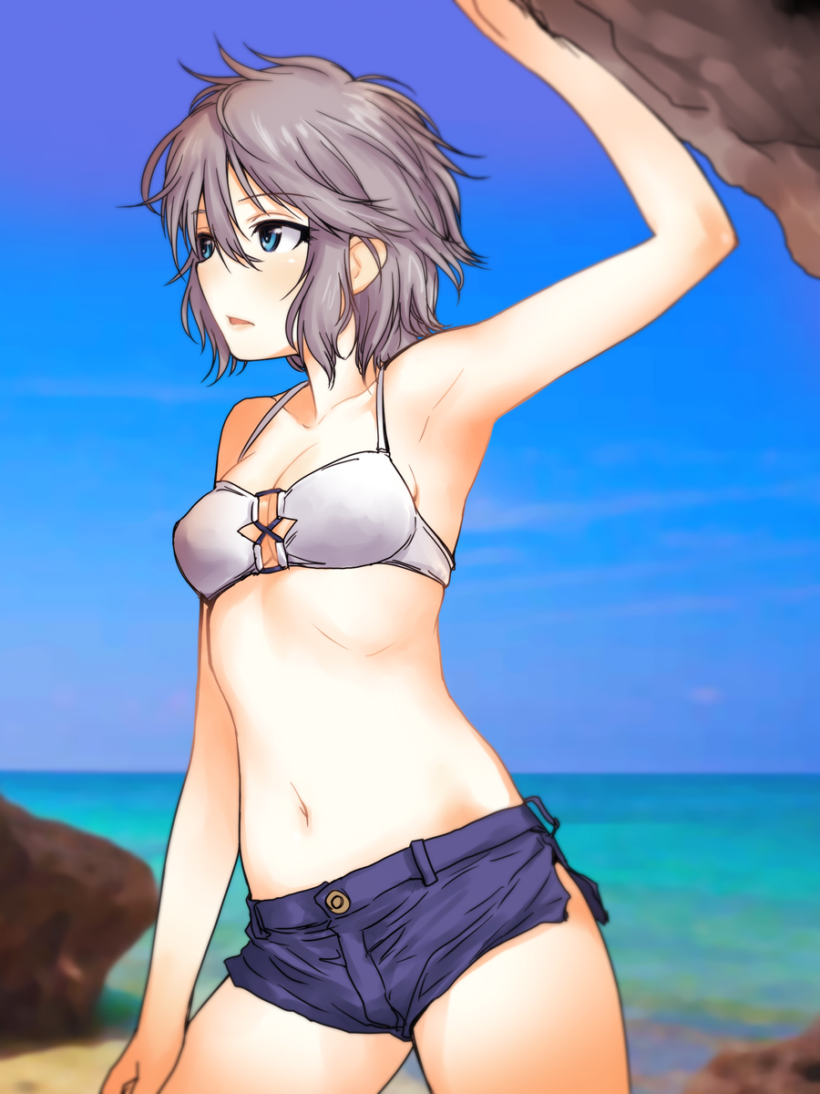 anastasia_(idolmaster) arm_up armpits bangs beach blue_eyes blue_shorts blue_sky blurry blurry_background breasts clear_sky cleavage commentary day depth_of_field eyebrows_visible_through_hair grey_hair hand_on_own_thigh highres idolmaster idolmaster_cinderella_girls medium_breasts messy_hair micro_shorts navel ocean outdoors parted_lips sakaki_imasato short_hair shorts side_slit sky white_bikini_top