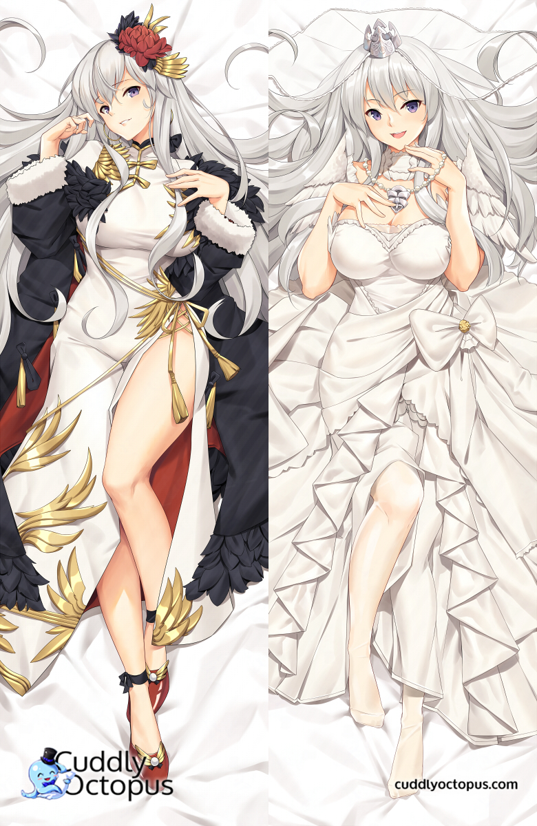 1girl :d anklet azur_lane bangs bed_sheet breasts bridal_veil bride china_dress chinese_clothes cleavage dakimakura detached_collar dress enterprise_(azur_lane) enterprise_(blooming_peony)_(azur_lane) enterprise_(starlight_oath)_(azur_lane) eyebrows_visible_through_hair feather-trimmed_coat feather_trim flower fur_collar hair_between_eyes hair_flower hair_ornament head_tilt high_heels highres jacket jewelry large_breasts long_hair looking_at_viewer lying necklace open_clothes open_jacket open_mouth pantyhose parted_lips purple_eyes red_footwear side_slit silver_collar silver_hair smile smirk thighs tony_guisado veil wedding_dress white_dress white_legwear