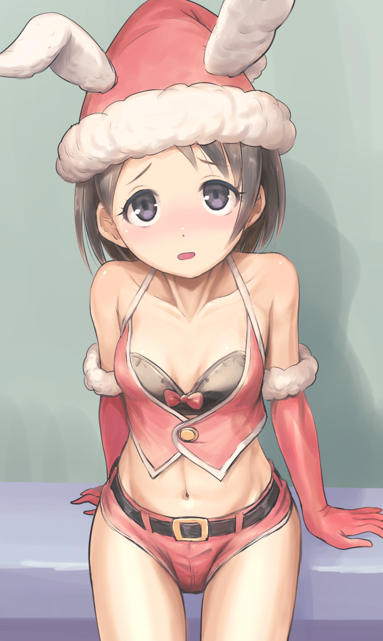 1girl animal_ears bandeau bare_shoulders bare_thighs belt black_hair blush breasts bunny_ears collarbone crop_top embarrassed gloves hat highres idolmaster idolmaster_cinderella_girls looking_at_viewer mashou_boy midriff navel red_gloves red_headwear red_shorts santa_costume santa_gloves santa_hat sasaki_chie short_hair short_shorts shorts sitting small_breasts solo