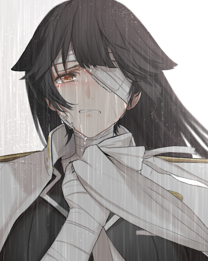 1944 1girl azur_lane bandage_over_one_eye black_hair black_jacket blush brown_eyes clenched_teeth commentary crying crying_with_eyes_open dishwasher1910 english_commentary half-closed_eye hand_up jacket jacket_on_shoulders letterboxed long_hair looking_at_viewer rain solo takao_(azur_lane) tears teeth upper_body very_long_hair white_jacket