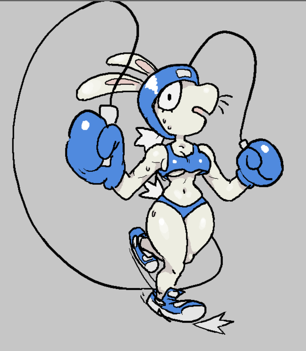 anthro bippy bodily_fluids bomboo0o bottomwear clothing female gloves handwear jump_rope lagomorph leporid mammal midriff rabbit shorts sweat