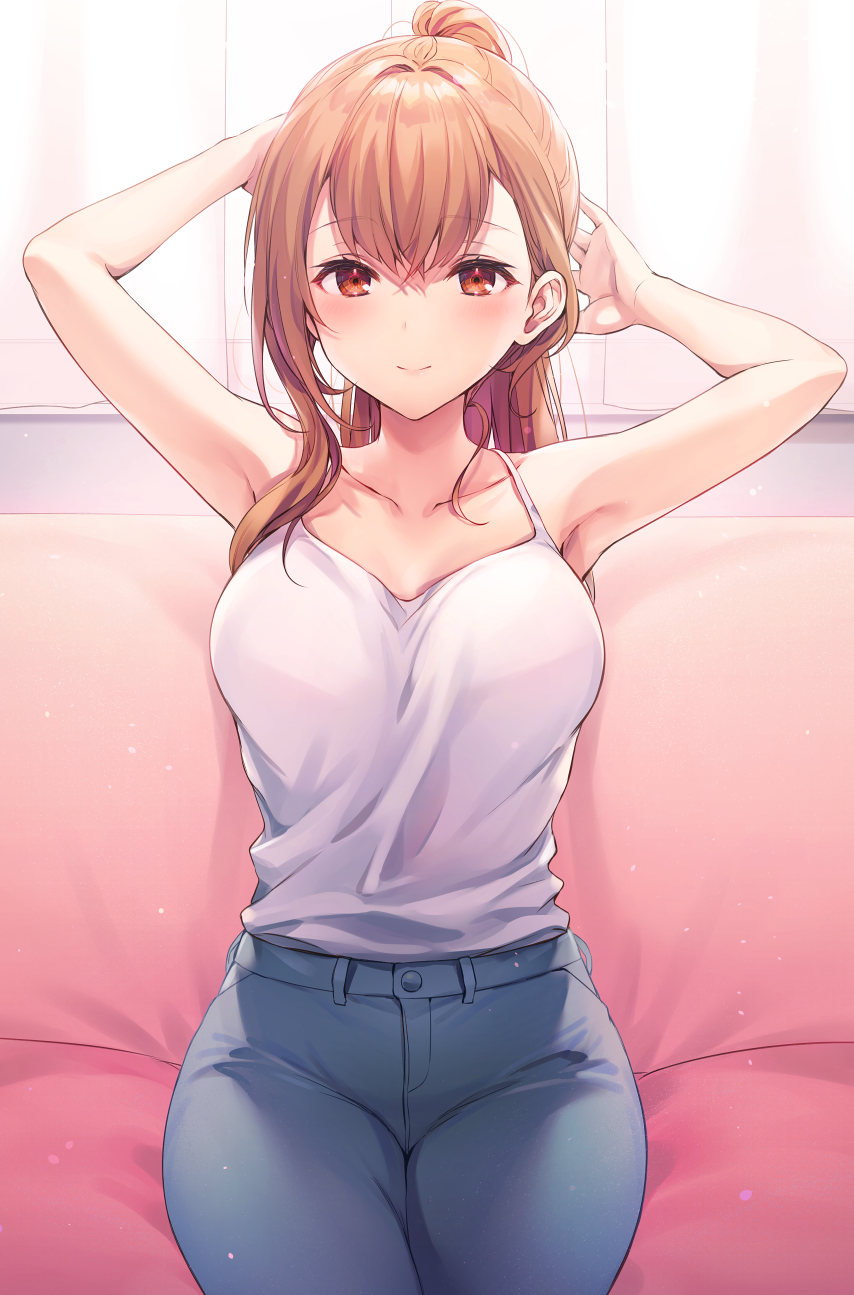 1girl armpits arms_up bare_arms bare_shoulders breasts camisole collarbone couch denim highres kinjo_no_nanako-san komeshiro_kasu large_breasts long_hair looking_at_viewer nanako-san on_couch orange_hair pants ponytail red_eyes shirt shirt_tucked_in sitting sleeveless sleeveless_shirt smile solo spaghetti_strap white_shirt window