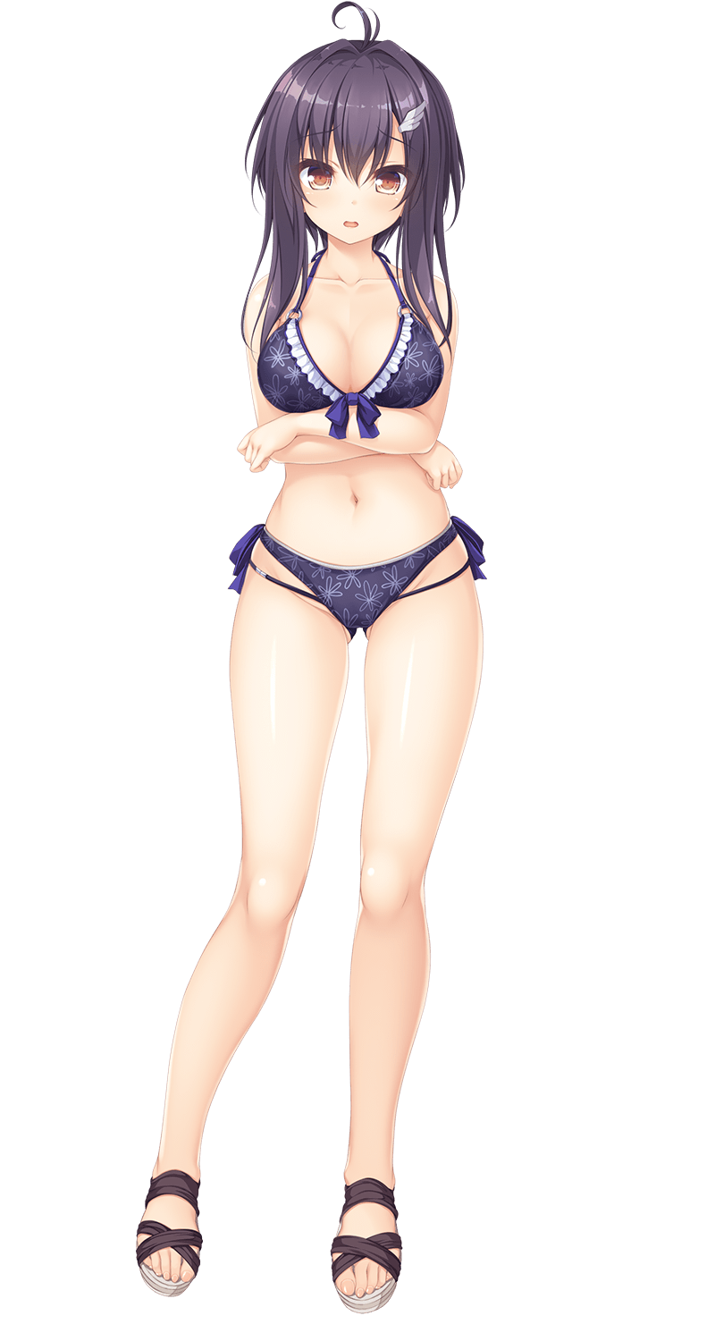 1girl bikini black_hair breasts brown_eyes crossed_arms full_body highres large_breasts long_hair looking_at_viewer navel official_art open_mouth pieces_/_wataridori_no_somnium sandals solo swimsuit takanashi_tsumugi_(pieces) tenmaso transparent_background wing_hair_ornament
