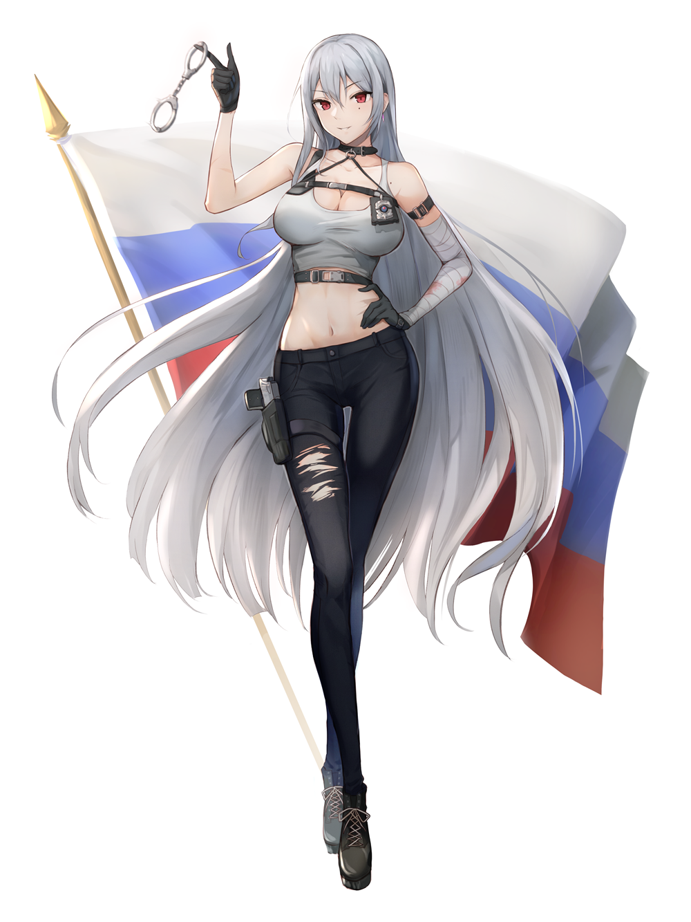 1girl azur_lane bandaged_arm bandages bare_shoulders black_gloves black_pants blush breasts cleavage crop_top eyebrows_visible_through_hair full_body gloves gun hair_between_eyes handgun highres large_breasts long_hair looking_at_viewer midriff mole mole_under_eye navel niac pants pistol red_eyes russian_flag shirt silver_hair solo sovetskaya_rossiya_(azur_lane) sovetskaya_rossiya_(the_lackadaisical_lookout)_(azur_lane) very_long_hair weapon