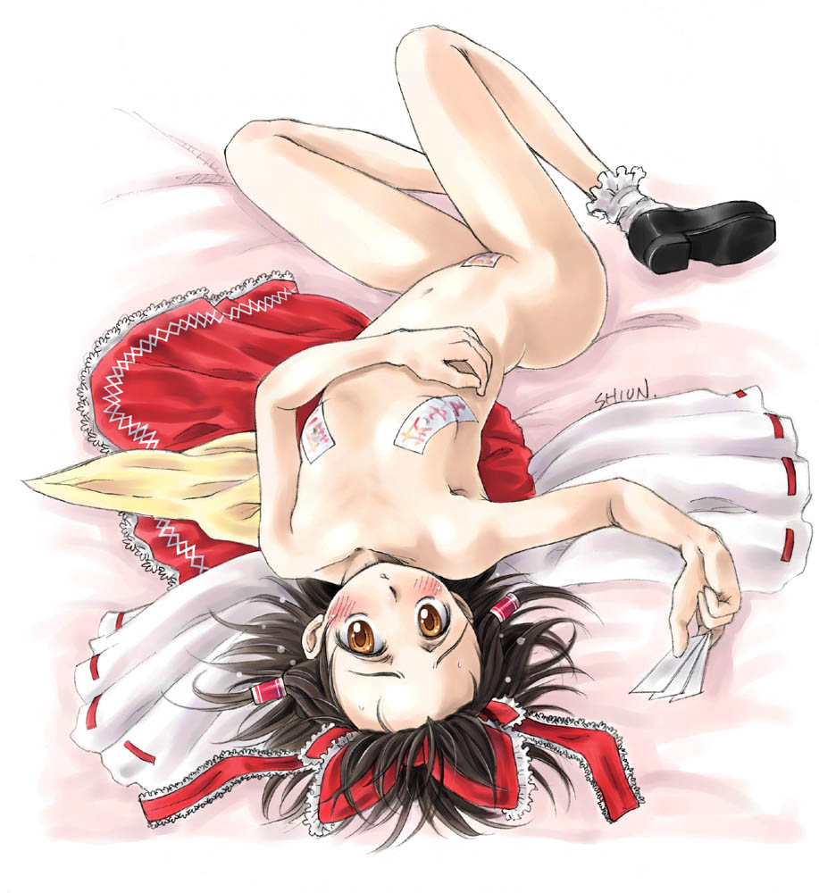 blush flat_chest hakurei_reimu lying maebari nude on_back shiun solo touhou upside-down