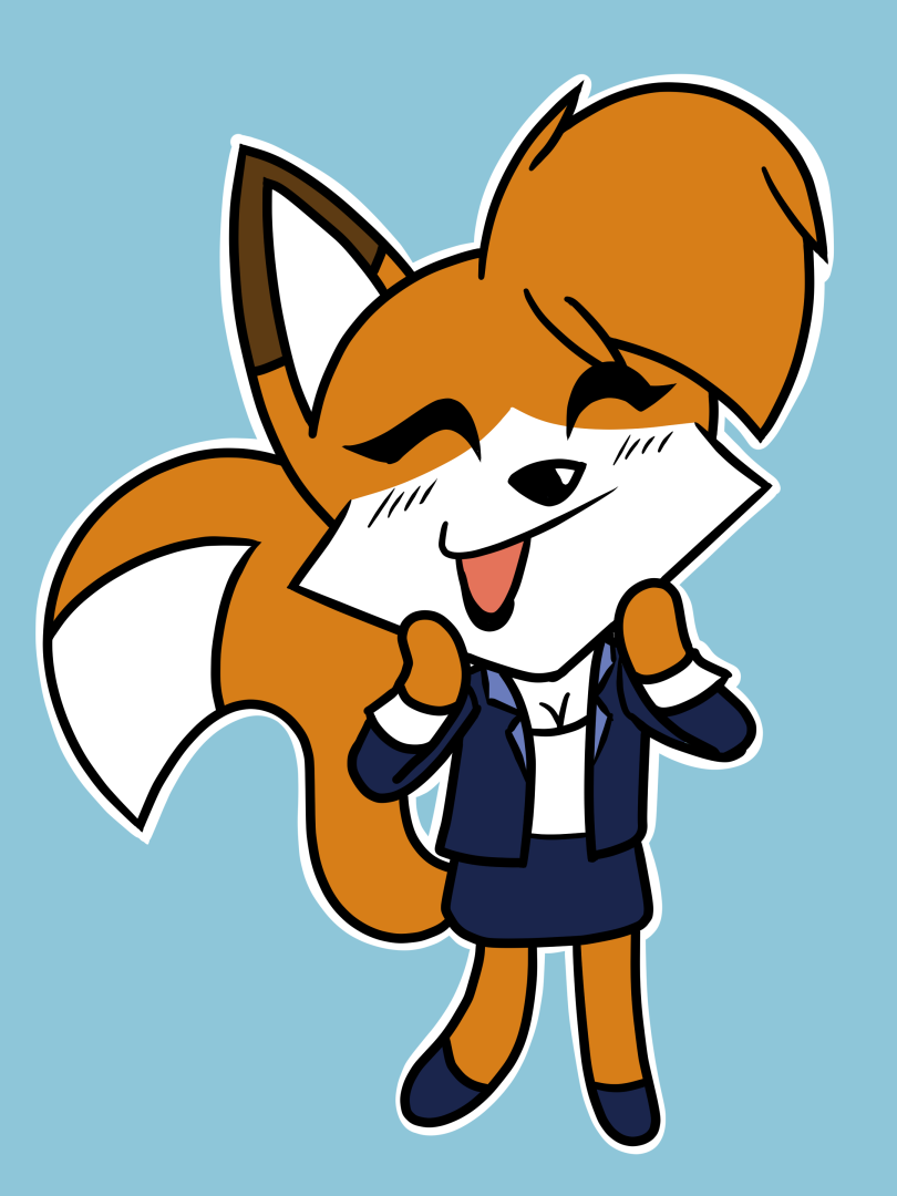 3:4 anthro blush bottomwear canid canine clothing female footwear fox happy jacket mammal rebecca_cyrus shirt shoes simple_background skirt solo sticker suit thelonecrow topwear whitephoenix52_(artist)