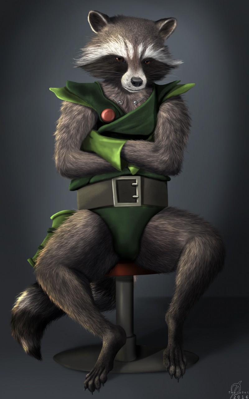 10:16 belt brown_body brown_eyes brown_fur claws clothing conditional_dnp crossed_arms emptyset fur green_clothing grey_background guardians_of_the_galaxy hi_res male mammal marvel procyonid rocket_raccoon simple_background sitting solo striped_tail stripes toe_claws