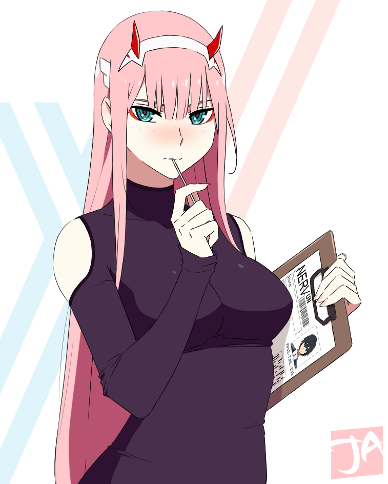 1girl artist_logo bangs blush breasts candy clipboard darling_in_the_franxx embarrassed eyeshadow fingernails food green_eyes hairband hand_up hiro_(darling_in_the_franxx) holding horns j_adsen lollipop long_hair long_sleeves looking_at_viewer makeup nose_blush pink_hair pink_nails ringed_eyes shoulder_cutout solo very_long_hair white_background zero_two_(darling_in_the_franxx)
