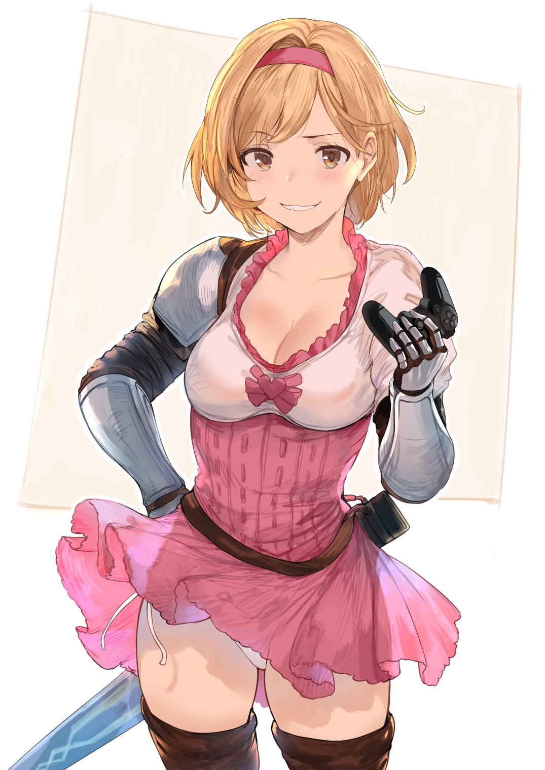 1girl blonde_hair blush boots breasts brown_legwear cleavage commentary djeeta_(granblue_fantasy) dress dress_lift gloves granblue_fantasy granblue_fantasy_versus grin hairband hand_on_hip hand_up heart hews_hack highres holding_controller looking_at_viewer medium_breasts panties pantyshot pantyshot_(standing) pink_dress playstation_controller red_hairband short_hair smile solo standing sword sword_behind_back thigh_boots thighhighs underwear upskirt weapon white_panties yellow_eyes