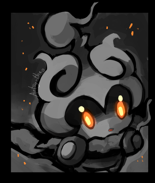 artsy-theo black_border black_theme border creature gen_7_pokemon looking_at_viewer marshadow marshadow_(gloom) no_humans orange_eyes pokemon pokemon_(creature) signature solo