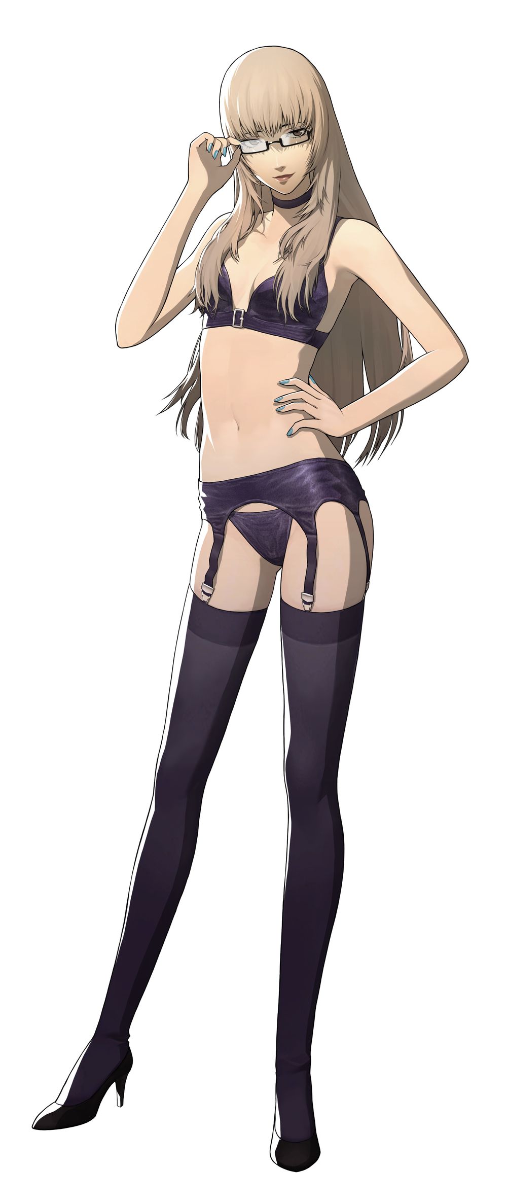 1girl adjusting_eyewear black_bra black_hair black_panties bra breasts brown_hair catherine:_full_body catherine_(game) full_body garter_belt glasses hand_on_hip high_heels highres katherine_mcbride long_hair looking_at_viewer nail_polish navel official_art panties simple_background small_breasts smile soejima_shigenori solo stomach thighhighs underwear white_background