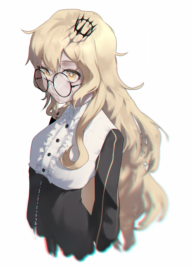 1girl bangs black-framed_eyewear black_rock_shooter blonde_hair breasts buttons chariot_(black_rock_shooter) closed_mouth collar collared_shirt crown glasses hair_between_eyes headwear litra_(ltr0312) long_hair long_sleeves looking_at_viewer round_eyewear shirt simple_background small_breasts solo upper_body white_background yellow_eyes
