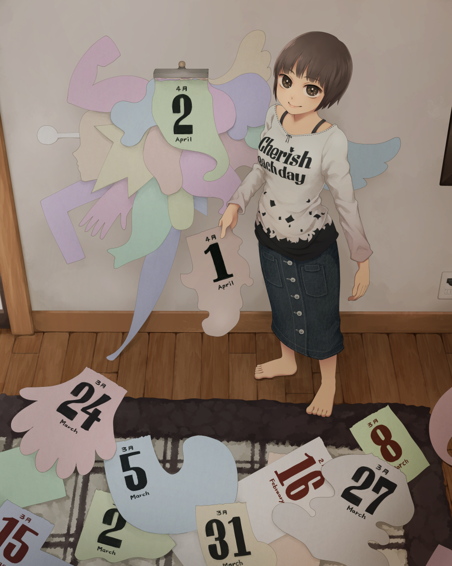 1girl bangs barefoot bra_strap brown_eyes brown_hair buttons calendar_(object) clothes_writing commentary_request denim denim_skirt english_text from_above indoors long_skirt long_sleeves looking_at_viewer organs original paper pocket ribbon_trim rug shirt short_hair skirt smile standing symbolism wall white_shirt wooden_floor yajirushi_(chanoma)