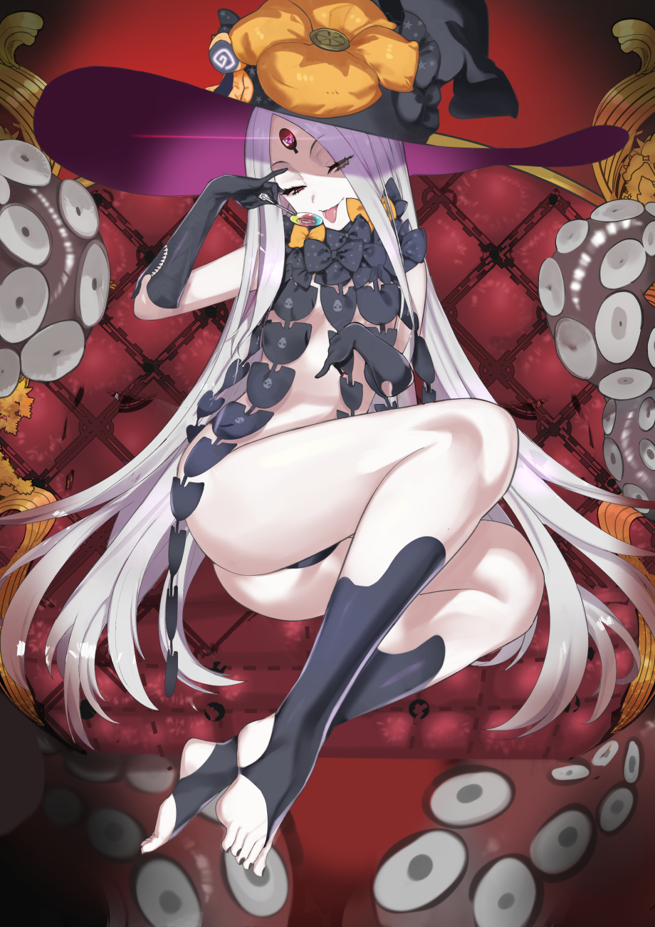 1girl abigail_williams_(fate/grand_order) ass bangs bare_shoulders black_bow black_headwear black_panties bow breasts candy chair closed_mouth fate/grand_order fate_(series) feet food forehead glowing glowing_eye hareno_chiame hat highres keyhole legs lollipop long_hair looking_at_viewer multiple_bows navel orange_bow panties parted_bangs red_eyes sitting small_breasts smile solo stuffed_animal stuffed_toy teddy_bear tentacles third_eye toeless_legwear toes tongue tongue_out underwear white_hair white_skin witch_hat
