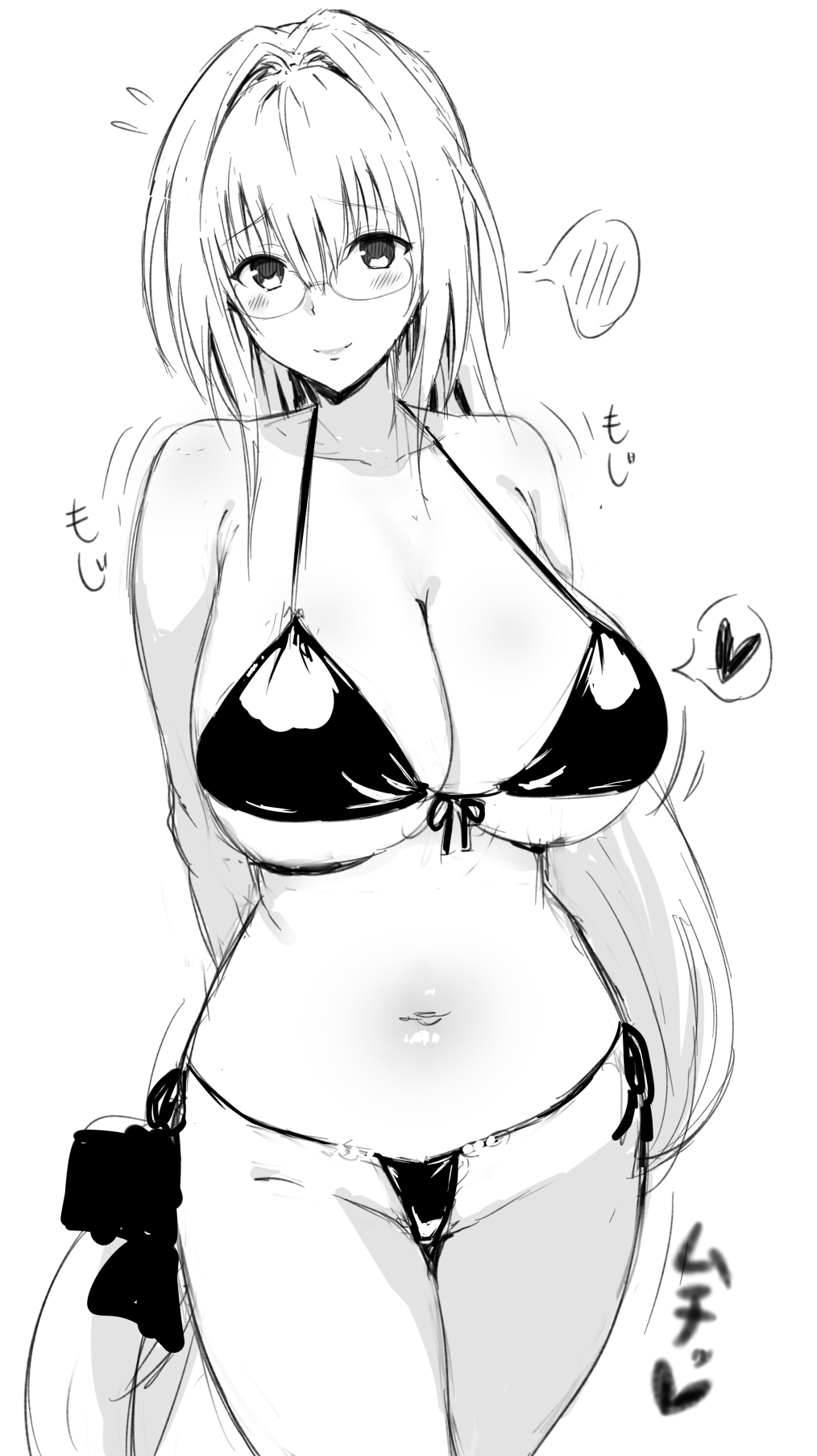 bangs bare_shoulders bikini blush body_blush breasts cleavage closed_mouth collarbone come_hither eyebrows_visible_through_hair glasses greyscale hair_intakes heart highres huge_breasts long_hair mhs midriff monochrome simple_background smile solo spoken_blush spoken_heart swimsuit tearju_lunatique to_love-ru to_love-ru_darkness very_long_hair white_background