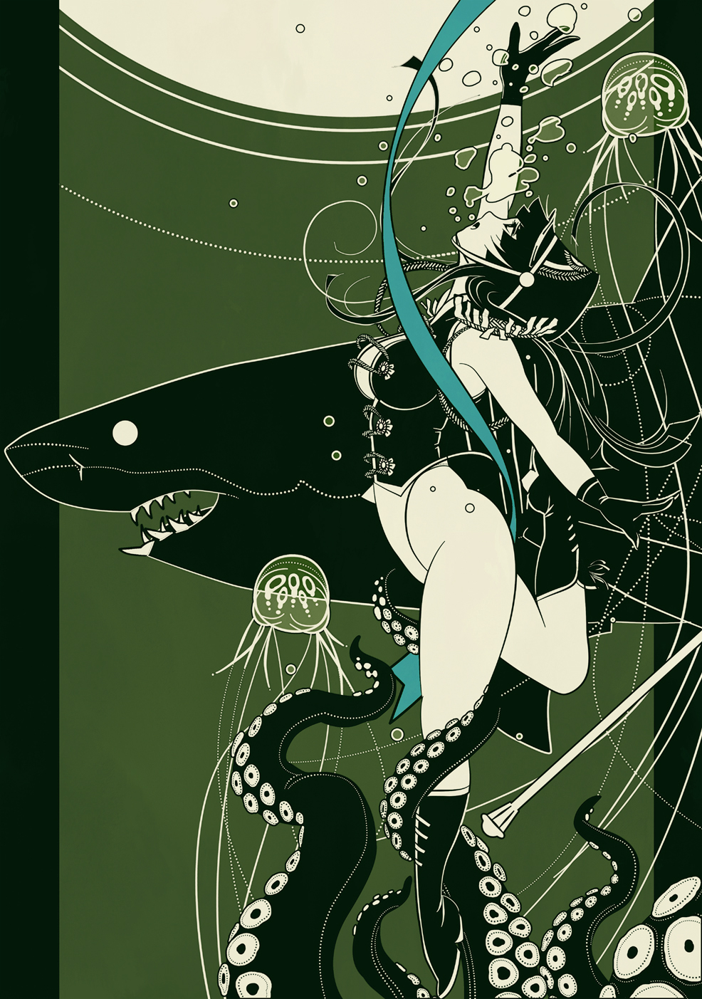 1girl air_bubble asphyxiation boots breasts bubble commentary_request drowning from_side gloves green_theme hand_up hat highleg highleg_leotard highres jellyfish kondou_totetsu leg_grab leotard medium_breasts monochrome open_mouth original parted_lips profile shark solo suction_cups tentacles underwater vest