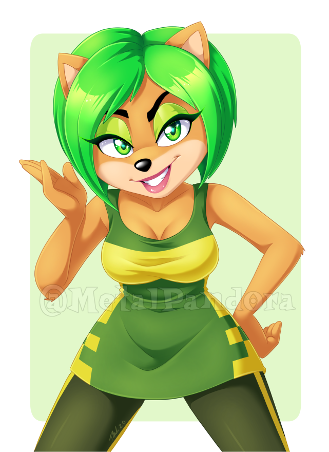 2020 5_fingers activision ami_bandicoot anthro bandicoot black_nose breasts cleavage clothed clothing crash_bandicoot_(series) eyelashes eyeshadow female fingers green_eyes green_eyeshadow green_hair hair lipstick looking_at_viewer makeup mammal marsupial metalpandora short_hair smile solo video_games