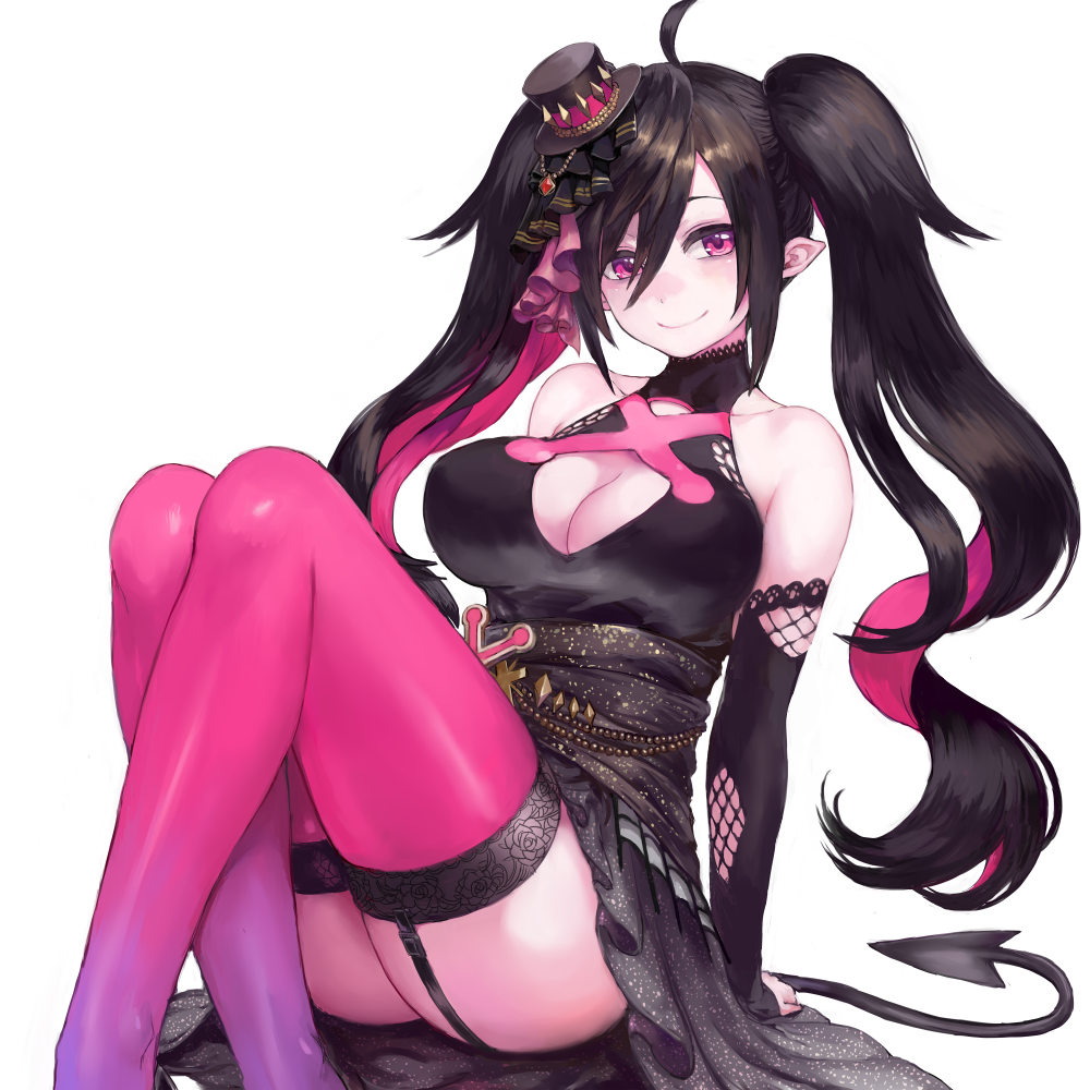 1girl ahoge ass black_dress black_hair blush breasts cleavage cleavage_cutout closed_mouth collarbone commentary_request demon_girl demon_tail detached_sleeves dress feet_out_of_frame garter_straps gem hair_between_eyes hat lace large_breasts long_hair long_sleeves looking_at_viewer mini_hat multicolored_hair nijisanji pink_eyes pink_hair pink_legwear pointy_ears revision shu-mai simple_background sitting smile solo tail thighhighs thighs twintails two-tone_hair very_long_hair virtual_youtuber white_background yamiyono_moruru