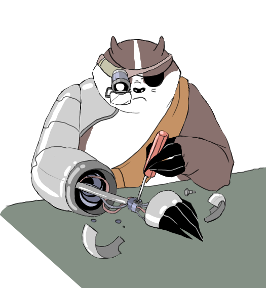 ameb-stuff anthro badger badgerclops cartoon_network cybernetics cyborg eye_patch eyewear machine magnifying male mammal mao_mao:_heroes_of_pure_heart mustelid musteline overweight overweight_male repair screwdriver simple_background solo tools whiskers white_background