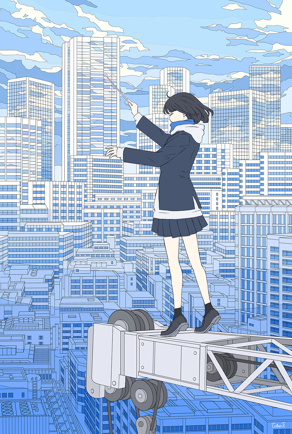 1girl baton_(instrument) black_hair blue_jacket blue_skirt blue_theme building cityscape closed_eyes commentary_request conductor crane_(machine) day full_body highres holding jacket ligne_claire long_sleeves original pleated_skirt seraphitalg short_hair signature skirt skyscraper solo standing tiptoes