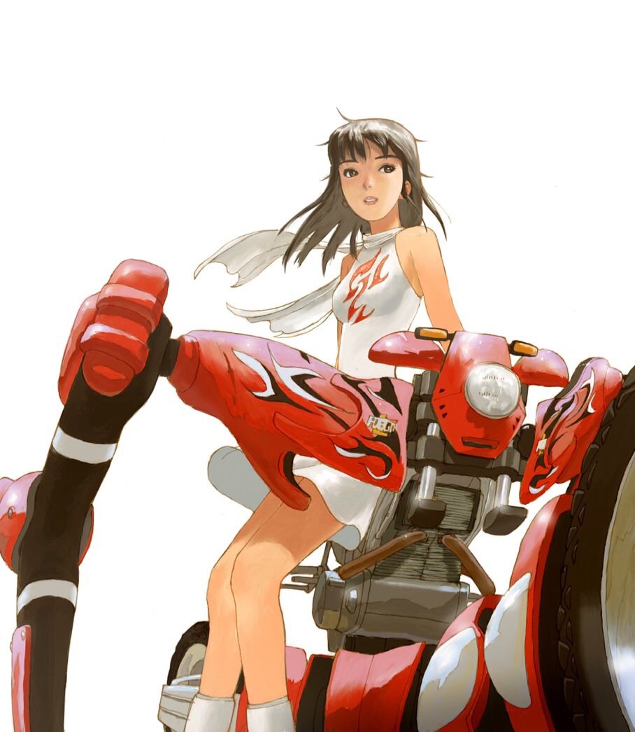 brown_hair dress engine flame_print fuego ground_vehicle kasahara_tetsurou looking_afar mecha medium_hair motor_vehicle motorcycle official_art ogata_rin rideback scarf white_dress white_footwear white_scarf