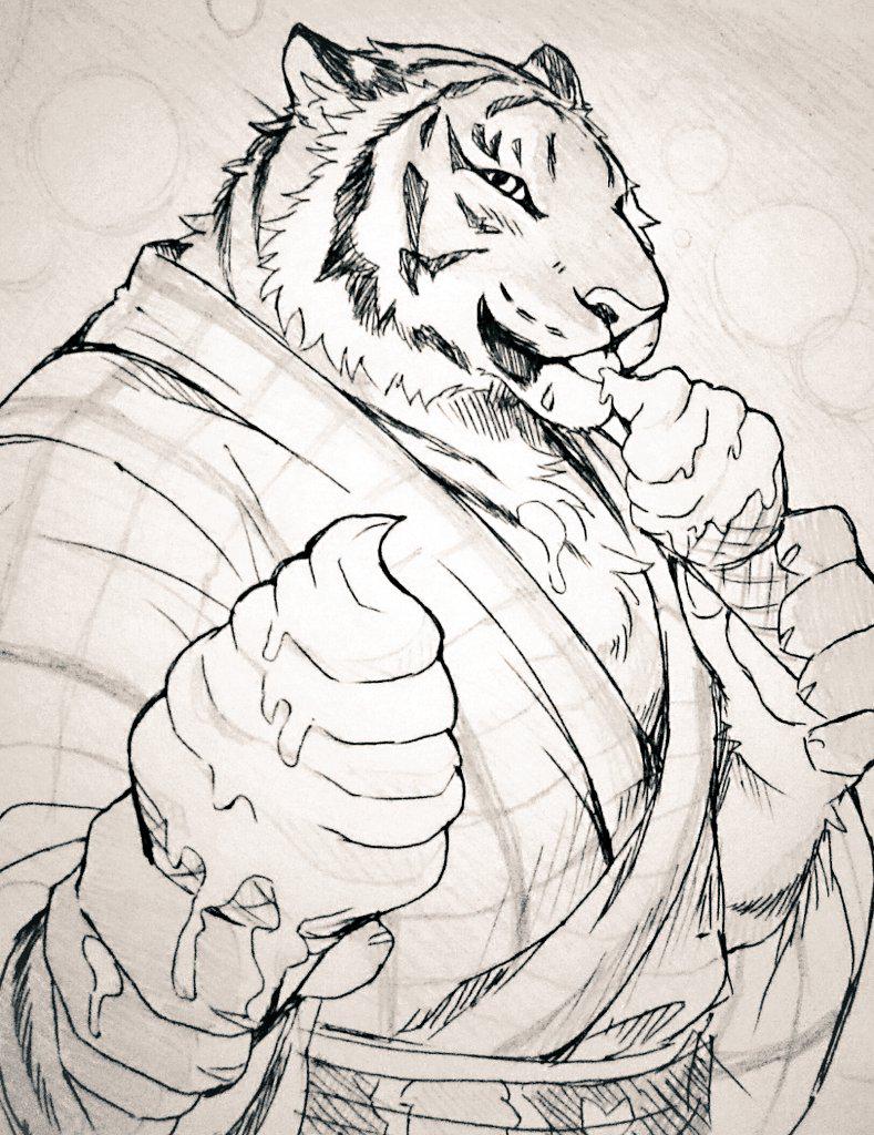2016 clothing dessert felid food giraffe_(artist) ice_cream kemono licking looking_at_viewer male mammal offering_food pantherine solo tiger tongue tongue_out