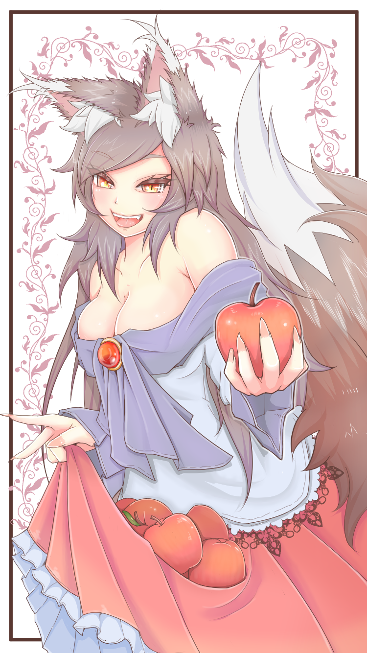 1girl :d animal_ear_fluff animal_ears apple bangs bare_shoulders blush breasts brooch brown_eyes brown_hair cleavage collarbone commentary_request cowboy_shot cube85 eyebrows_visible_through_hair eyelashes fang fingernails food fruit highres holding holding_food holding_fruit imaizumi_kagerou jewelry large_breasts long_hair long_sleeves looking_at_viewer off-shoulder_shirt off_shoulder open_mouth outside_of_play_area petticoat red_skirt sharp_fingernails shirt skirt skirt_basket skirt_hold smile solo swept_bangs tail touhou white_background white_shirt wolf_ears wolf_tail