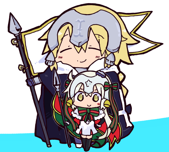 2girls bangs bell black_gloves black_legwear blonde_hair blue_background blue_cape bow cape capelet chibi closed_eyes closed_mouth commentary_request dress elbow_gloves eyebrows_visible_through_hair fate/apocrypha fate_(series) flag fur-trimmed_cape fur-trimmed_capelet fur_trim gloves green_bow green_ribbon hair_between_eyes hair_bow headpiece holding holding_spear holding_weapon jeanne_d'arc_(fate) jeanne_d'arc_(fate)_(all) jeanne_d'arc_alter_santa_lily kasuga_yuuki long_hair low_ponytail multiple_girls polearm ponytail ribbon silver_hair smile spear standing striped striped_bow striped_ribbon thighhighs two-tone_background v-shaped_eyebrows very_long_hair weapon white_background white_capelet white_dress