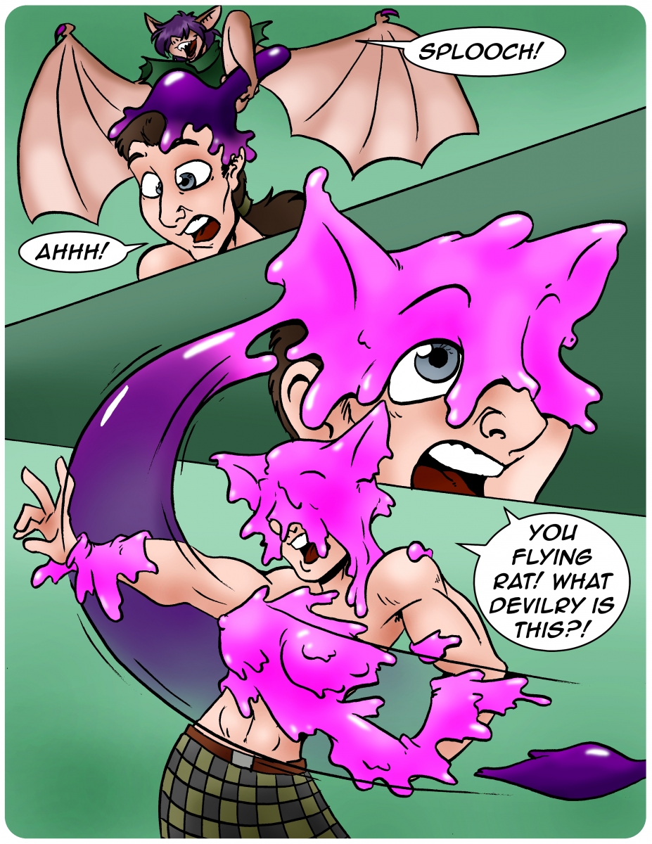 anthro blue_eyes breast_growth brown_hair chiropteran comic dialogue female gender_transformation goo_transformation hair hi_res human human_to_humanoid humanoid kilt mammal mtf_transformation naga_(artist) nipples open_mouth rubber species_transformation surprise tharkis transformation