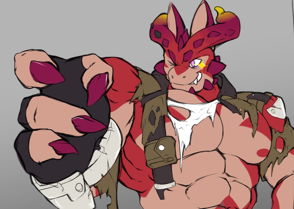 anthro biceps clothing cthugha dagantfus_(artist) gesture horn male muscular pointing smile solo tokyo_afterschool_summoners torn_clothing video_games
