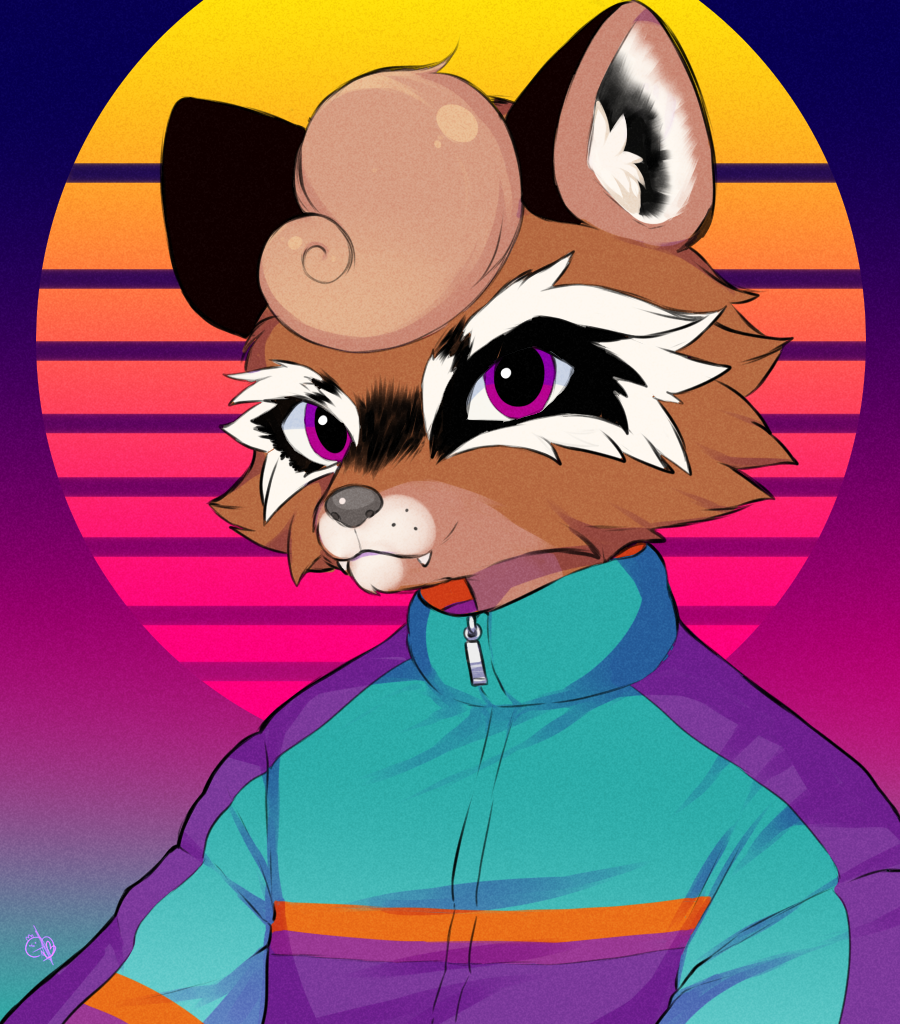 2020 anonymous_artist anthro brown_body brown_fur clothed clothing detailed_background fur male mammal outrun portrait procyonid purple_eyes raccoon solo topwear