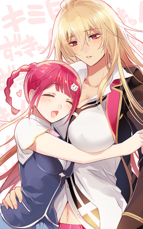 2girls blonde_hair blush breasts cleavage closed_eyes collarbone commentary_request couple hand_on_another's_waist happy heart hug large_breasts long_hair looking_at_another multiple_girls navel neck pink_eyes pink_hair shikishima_mirei short_twintails smile surprised tokonome_mamori translation_request twintails tyuraba valkyrie_drive valkyrie_drive_-mermaid- very_long_hair yuri