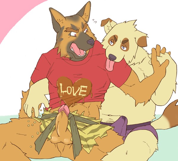 2007 anthro balls belly bulge candy canid canine canis chocolate clothing domestic_dog duo erection erection_under_clothing food genitals holidays humanoid_hands kemono male male/male mammal navel penis ryuta-h sitting slightly_chubby text tongue tongue_out underwear valentine's_day