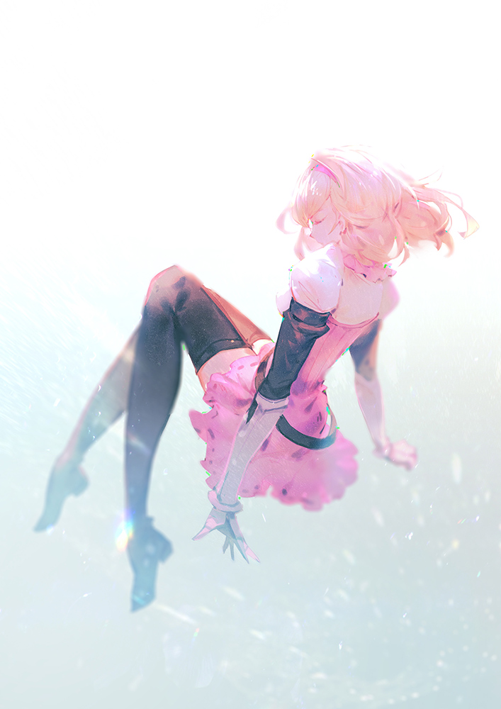 1girl bangs belt blonde_hair boots breasts closed_eyes commentary_request djeeta_(granblue_fantasy) dress full_body gauntlets gradient gradient_background granblue_fantasy hairband long_hair pink_dress puffy_sleeves short_dress simple_background thigh_boots thighhighs vienri zettai_ryouiki