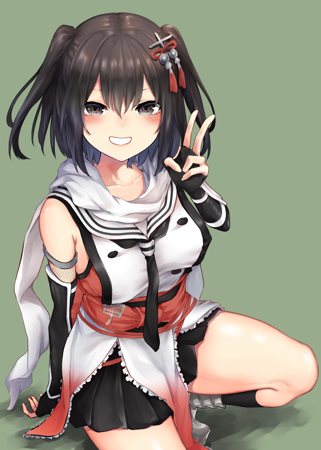 1girl alternate_breast_size alternate_eye_color black_gloves black_skirt blush breasts brown_hair elbow_gloves eyebrows_visible_through_hair fingerless_gloves gloves green_background grey_eyes hair_between_eyes hair_ornament highres kamidanomi kantai_collection large_breasts looking_at_viewer necktie remodel_(kantai_collection) scarf school_uniform sendai_(kantai_collection) serafuku short_hair simple_background sitting skirt sleeveless smile socks solo teeth two_side_up v white_scarf