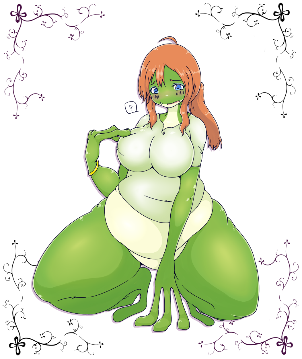 2016 ? amphibian blue_eyes blush breasts crouching female frog green_body hand_on_breast hi_res implied_transformation izumi_(artist) open_mouth simple_background slightly_chubby solo surprise thick_thighs white_background wide_hips