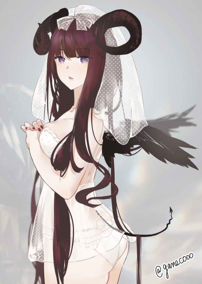 ass bangs black_wings blunt_bangs blurry blurry_background breasts cowboy_shot curled_horns demon_girl demon_horns demon_tail demon_wings depth_of_field eyebrows_visible_through_hair feathered_wings fingernails from_side grey_background horns large_breasts lingerie long_hair looking_at_viewer looking_back nello_(luminous_darkness) nightgown original own_hands_together panties parted_lips purple_eyes red_hair red_nails standing tail twitter_username underwear veil very_long_hair white_panties wings