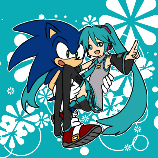 2013 abstract_background anthro black_clothing black_legwear blue_background blue_body blue_fur blue_hair bottomwear bridal_carry bukikobuta carrying clothing crossover duo eulipotyphlan female footwear fur gesture gloves green_eyes hair handwear hatsune_miku hedgehog human legwear male mammal open_mouth open_smile pointing shoes simple_background skirt smile sonic_the_hedgehog sonic_the_hedgehog_(series) vocaloid