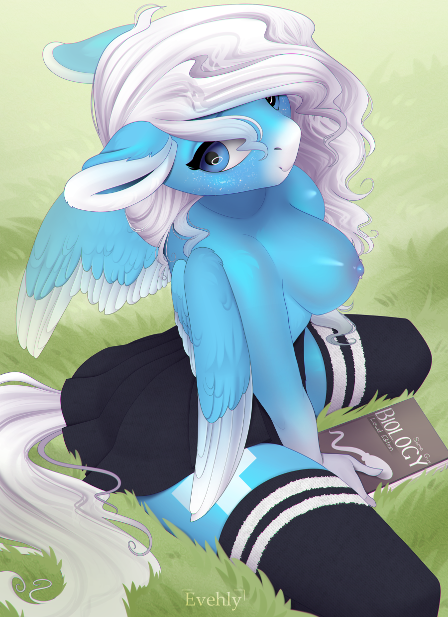 2020 anthro areola blue_eyes book breasts clothed clothing digital_media_(artwork) equid equine evehly fan_character feathered_wings feathers female grass hair hi_res icy_heart looking_at_viewer mammal my_little_pony nipples pterippus smile solo topless white_hair wings