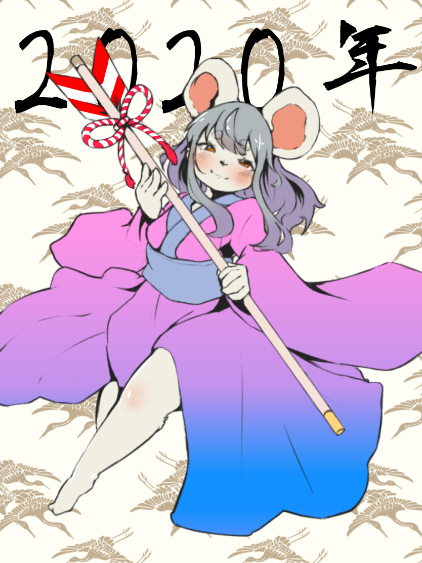 3:4 5_fingers blush clothed clothing eyebrows female fingers fur fur_tuft grey_hair hair holding_object humanoid_hands kogitune leg_tuft looking_at_viewer mammal murid rodent solo text thick_eyebrows tuft