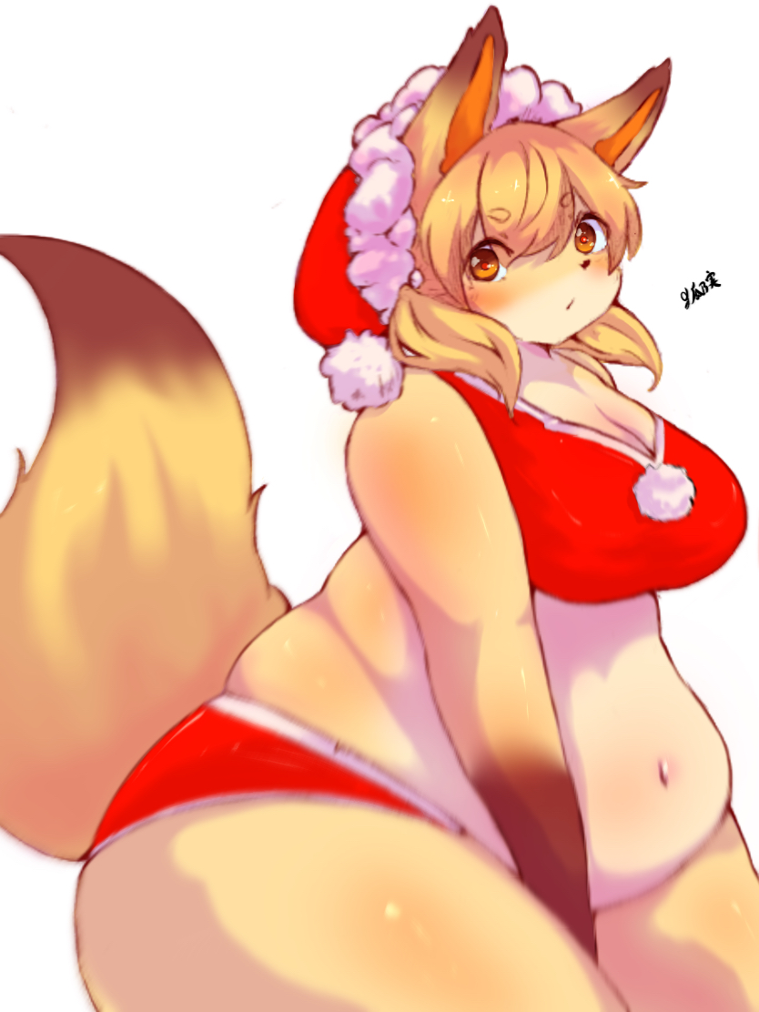 2018 3:4 anthro bottomwear breasts canid canine christmas cleavage clothed clothing eyebrow_through_hair eyebrows female fox fur hair hat headgear headwear holidays kogitune looking_at_viewer mammal navel red_bottomwear red_clothing red_hat red_headwear red_topwear santa_hat solo topwear translucent translucent_hair two_tone_hat white_clothing white_hat white_headwear