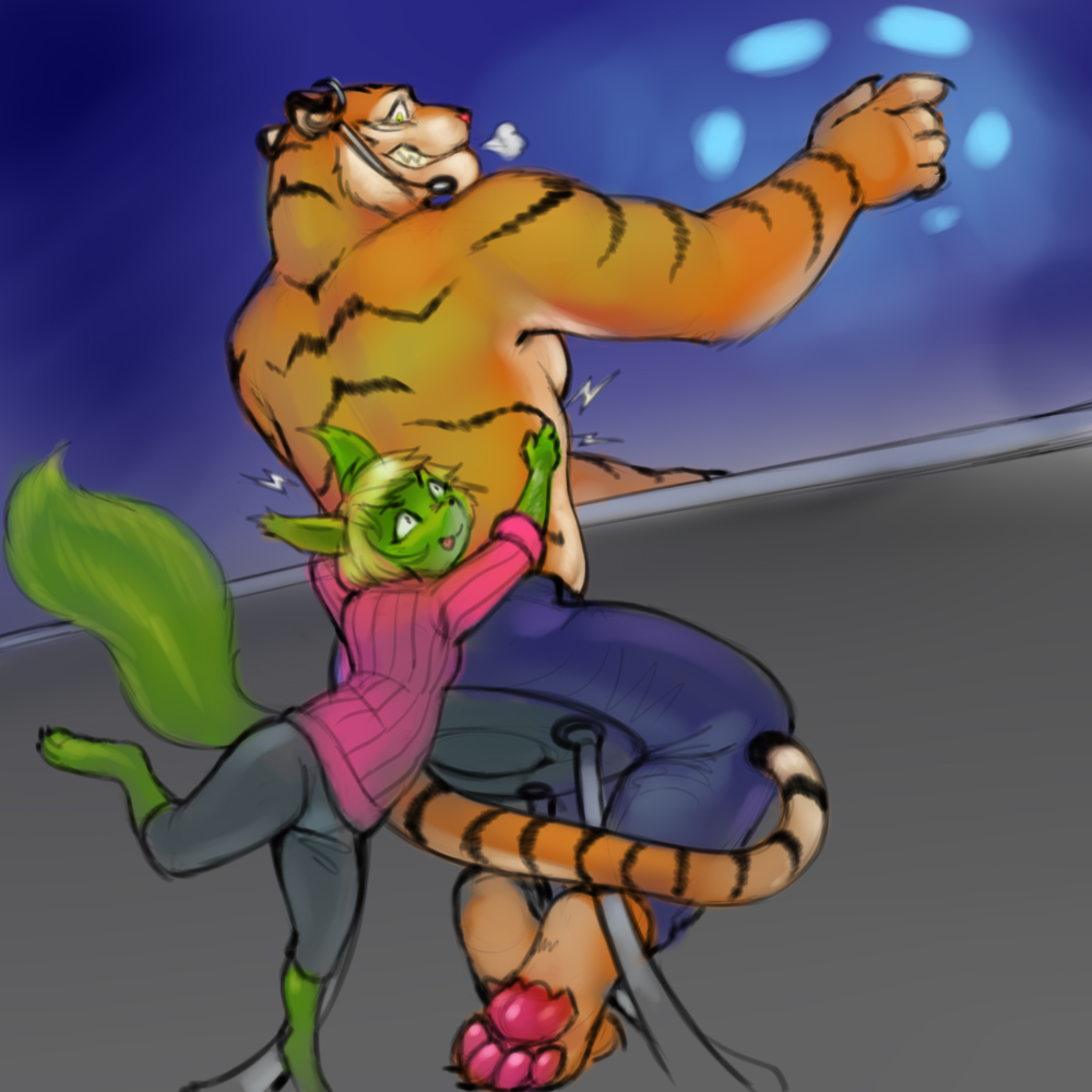 1:1 anthro blonde_hair clothed clothing cookie_(furryfight_chronicles) duo felid female fur furryfight_chronicles green_body green_fur hair headgear headphones headset looking_back lutherine male male/female mammal pantherine rodent sciurid size_difference tiger topless tree_squirrel