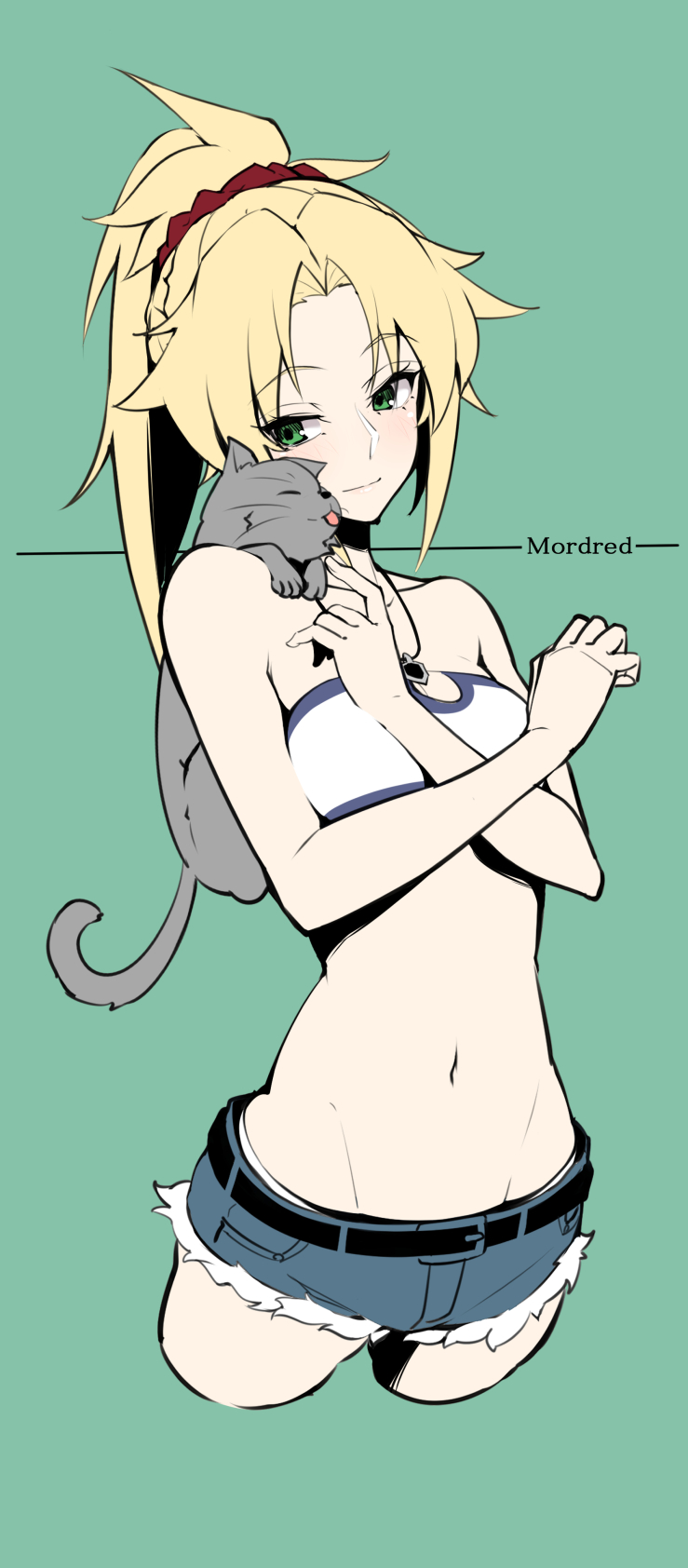 1girl bandeau belt black_belt blonde_hair cat character_name commentary_request cropped_legs denim denim_shorts fate/apocrypha fate_(series) green_background grey_cat groin highres jewelry light_smile long_hair looking_to_the_side mordred_(fate)_(all) navel necklace ponytail red_scrunchie scrunchie shorts simple_background smile solo takatun223 tongue