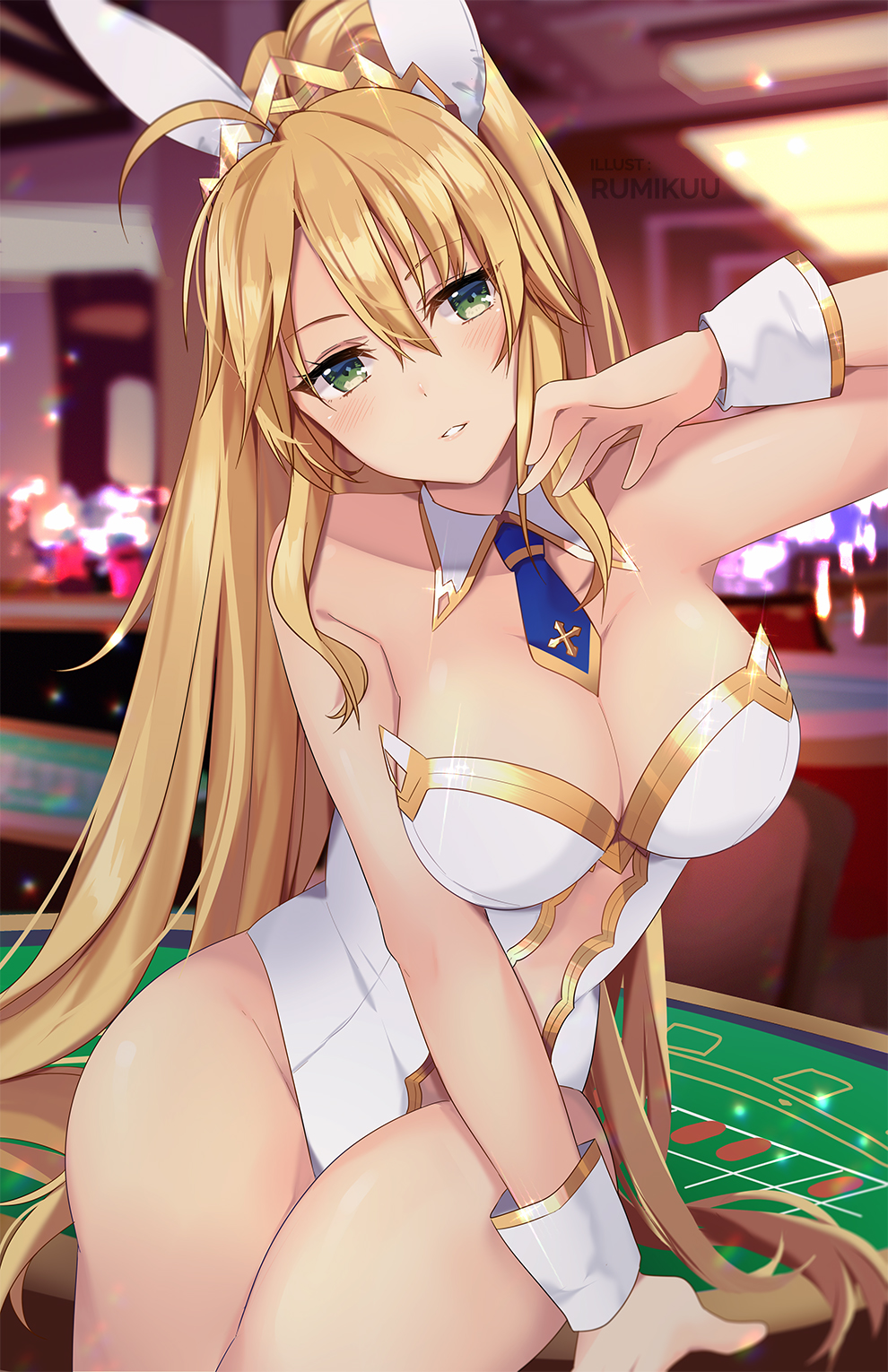 1girl ahoge animal_ears artoria_pendragon_(all) artoria_pendragon_(swimsuit_ruler)_(fate) bangs bare_shoulders blonde_hair blue_neckwear blush braid breasts bunny_ears bunnysuit casino_card_table cleavage detached_collar fate/grand_order fate_(series) feather_boa french_braid green_eyes hair_between_eyes highleg highleg_leotard highres k-rumi large_breasts leotard long_hair looking_at_viewer navel_cutout necktie ponytail sidelocks sitting smile solo thighs tiara white_leotard wrist_cuffs