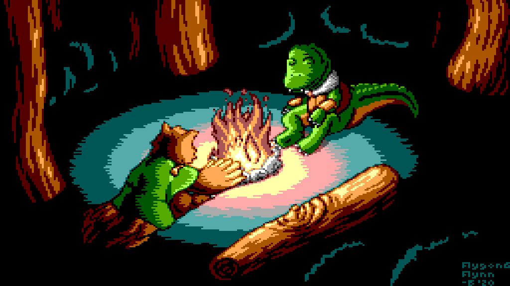 16:9 ambiguous_gender anthro avian bird blckflyn camp campfire crocodile crocodilian crocodylid digital_media_(artwork) duo fire flygon_(artist) forest log owl pixel_(artwork) reptile scalie tree widescreen wood